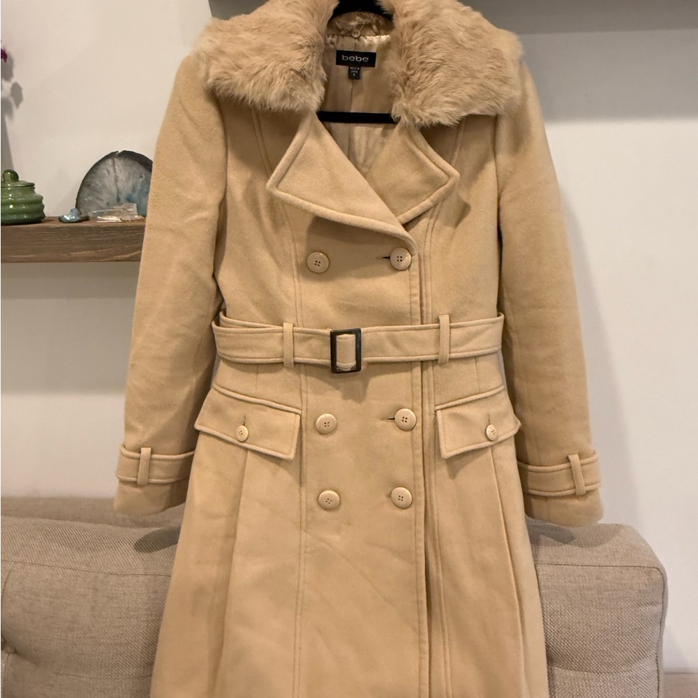 Bebe Beige Trench Coat with Faux Fur Collar